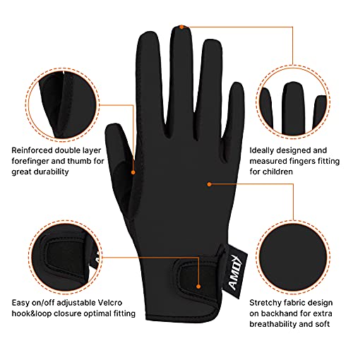 Amoy Kids Horse Riding Gloves Breathable Children Equestrian Horseback Anti-Slipping Boys & Girls Youth Outdoor Biking Cycling Sport Mitts Black M Age 8-10 - Image 2