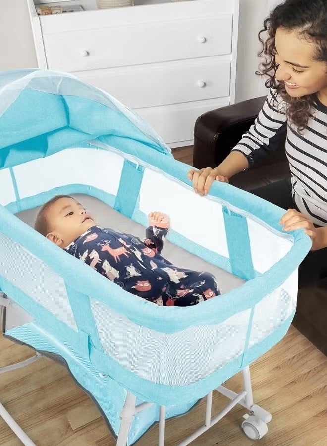 XiuWoo Baby Bassinet, Lightweight Compact Portable Bassinet, Easy and Quick Fold with Removable Double Canopy, Breathable Mesh Design, Ice Blue - Image 2
