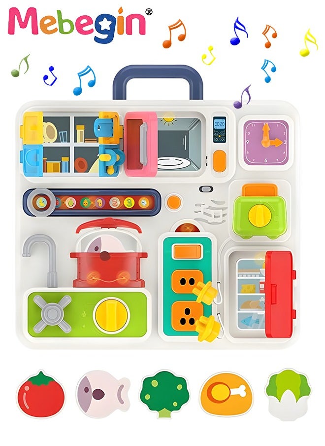 MEBEGIN Busy Board with Music and Lights, Musical Sensory Learning Toys for Toddler Travel Toys, Montessori Busy Board Educational Learning Activities Fine Motor Skills Kitchen Cognition Game Board  - Image 1