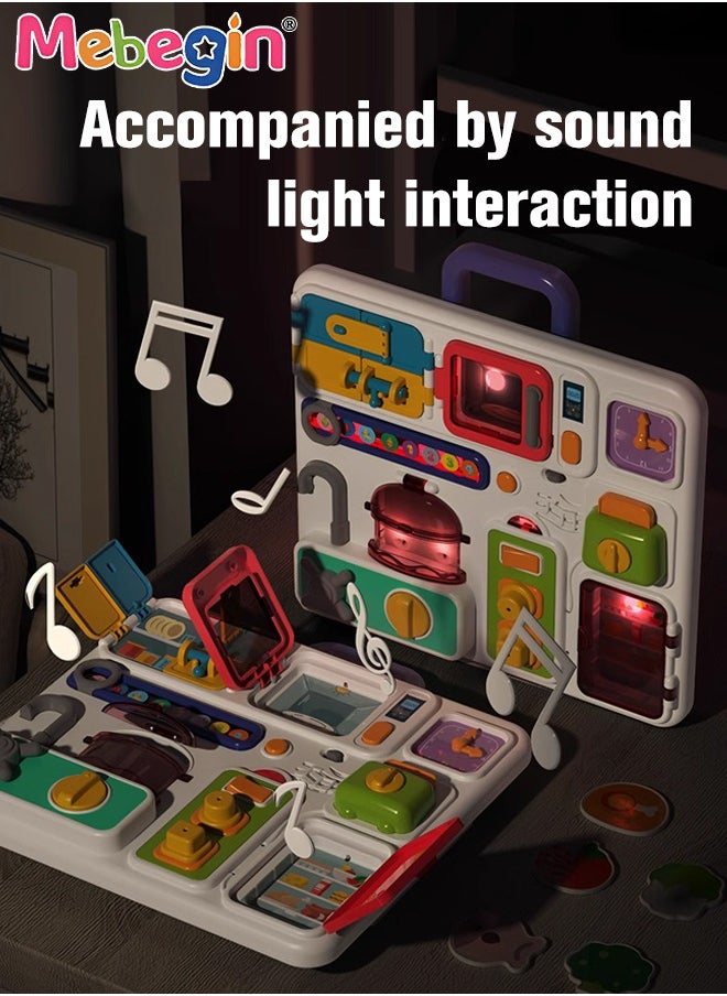 MEBEGIN Busy Board with Music and Lights, Musical Sensory Learning Toys for Toddler Travel Toys, Montessori Busy Board Educational Learning Activities Fine Motor Skills Kitchen Cognition Game Board  - Image 3