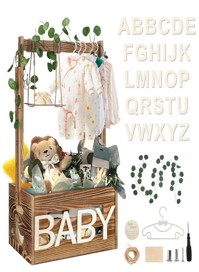 TAEYONK Wooden Baby Shower Crate Closet, Baby Shower Basket with 33.5" High Hanger Rack and Swing, DIY Baby Welcome Box with Handle, Easy Assembly Storage Crate for Pregnancy New Parent（Brown） - Image 1