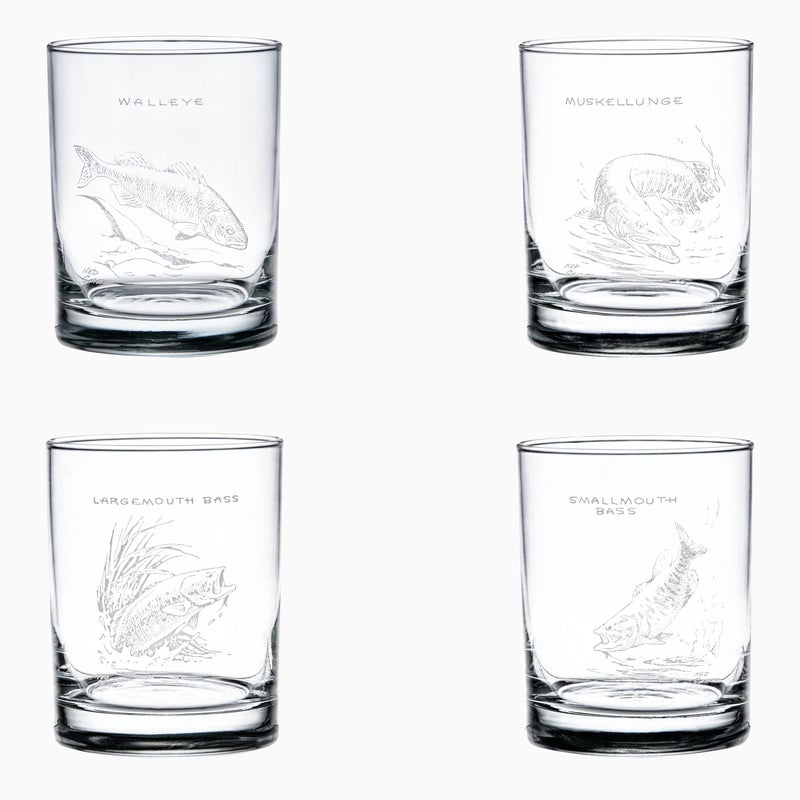 Culver Ned Smith Freshwater Fish 14Ounce DOF Double Old Fashioned Glass Assorted Set of 4