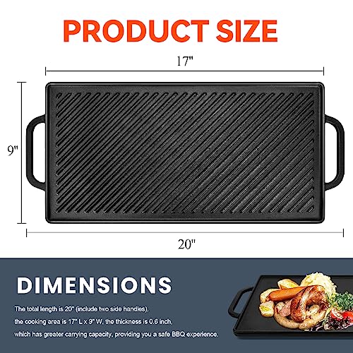 GGC شواية جريل قابلة للعكس من الحديد الزهر للطهي على الموقد، جريل مسطح للشواء الغازي، جانب مسطح ومجعد للاستخدام، لوحة جريل غير لاصقة للطهي في الهواء الطلق (20" × 9") - Image 2