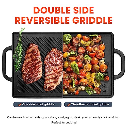 GGC شواية جريل قابلة للعكس من الحديد الزهر للطهي على الموقد، جريل مسطح للشواء الغازي، جانب مسطح ومجعد للاستخدام، لوحة جريل غير لاصقة للطهي في الهواء الطلق (20" × 9") - Image 3
