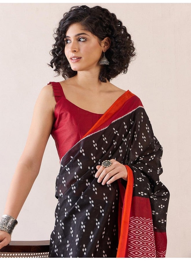 saree mall ساري مول ساري نسائي أسود قطن مطبوع جاهز للارتداء ساري دقيقة واحدة مع قطعة بلوزة (RTWMINAXI7605_SMC) - Image 4