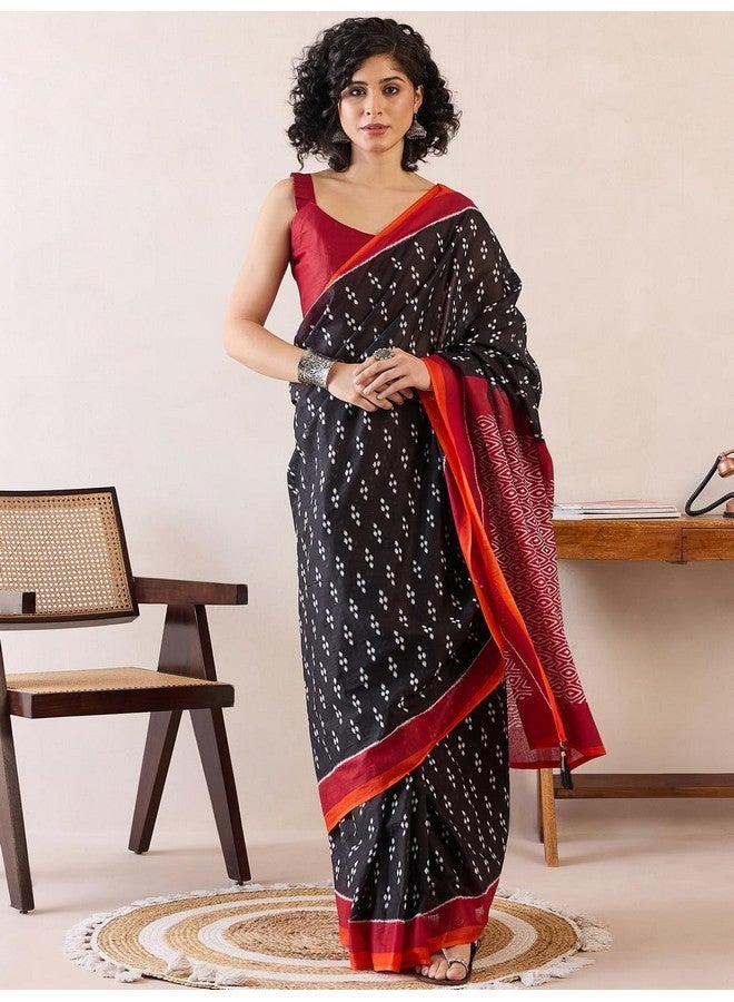 saree mall ساري مول ساري نسائي أسود قطن مطبوع جاهز للارتداء ساري دقيقة واحدة مع قطعة بلوزة (RTWMINAXI7605_SMC) - Image 2