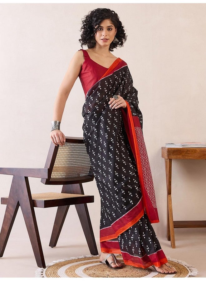 saree mall ساري مول ساري نسائي أسود قطن مطبوع جاهز للارتداء ساري دقيقة واحدة مع قطعة بلوزة (RTWMINAXI7605_SMC) - Image 5