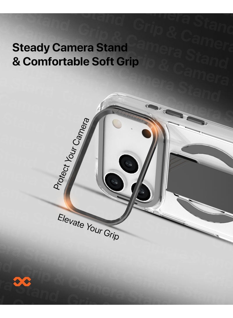 INFINYTY iPhone 17 Pro Max Clear Case with Soft Black Grip & Metallic Camera Stand– Grypsta, Premium TPU+PC Build, Anti-Shock Corners, Metallic Buttons, MagSafe Compatible, Raised Camera and Screen Edges, Anti-Yellowing Coating, Durable, Long-Lasting Clarity - Image 2