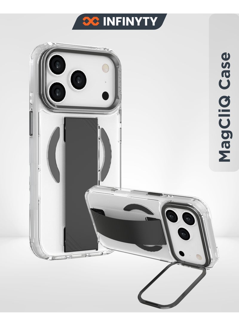 INFINYTY iPhone 17 Pro Max Clear Case with Soft Black Grip & Metallic Camera Stand– Grypsta, Premium TPU+PC Build, Anti-Shock Corners, Metallic Buttons, MagSafe Compatible, Raised Camera and Screen Edges, Anti-Yellowing Coating, Durable, Long-Lasting Clarity - Image 1