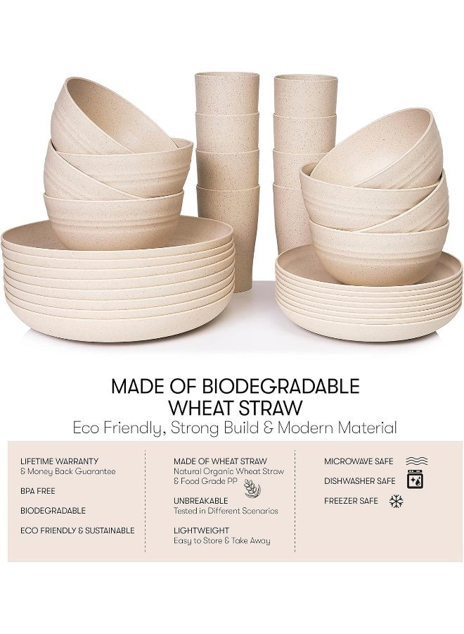 SWEVEN Wheat Straw Dinnerware Sets Unbreakable Dinnerware Sets Dishwasher Microwave Safe Dinnerware Eco Friendly Non Breakable Dinnerware Sets RV Outdoor Camping Beige Service for 8 32 pcs - Image 3