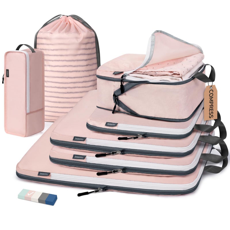 CherryNow Compression Packing Cubes 7 Set Packing Cubes for Travel Women Travel Essentials for Suitcase Luggage Organizer Bags Pink - Image 2