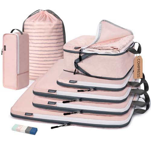 CherryNow Compression Packing Cubes 7 Set Packing Cubes for Travel Women Travel Essentials for Suitcase Luggage Organizer Bags Pink - Image 1