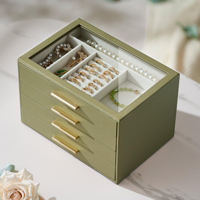 pickpiff Jewelry Box Organizer Case for Women: 4-Layer Jewelry Storage Case with Glass Window, Olive Green Leather with Cream Velvet, Holder for Ring Necklace Bracelet Brooch Watch, Great Gift for Her - Image 4