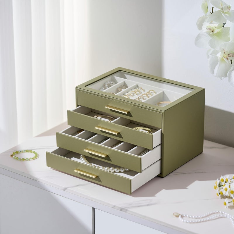 pickpiff Jewelry Box Organizer Case for Women: 4-Layer Jewelry Storage Case with Glass Window, Olive Green Leather with Cream Velvet, Holder for Ring Necklace Bracelet Brooch Watch, Great Gift for Her - Image 3
