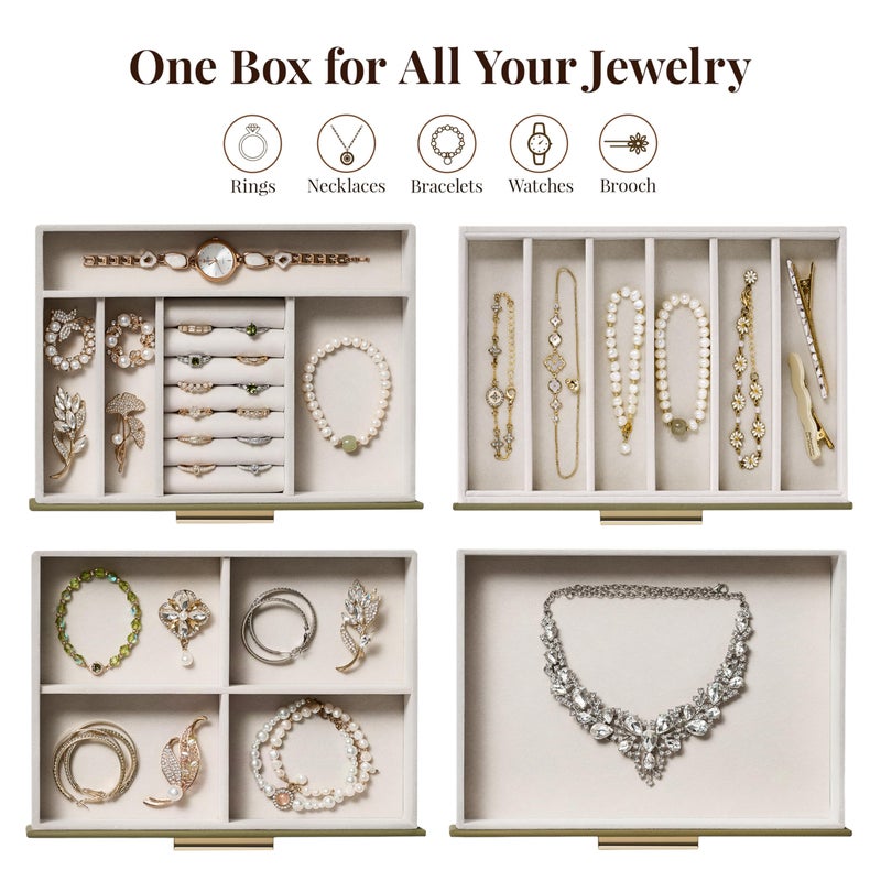 pickpiff Jewelry Box Organizer Case for Women: 4-Layer Jewelry Storage Case with Glass Window, Olive Green Leather with Cream Velvet, Holder for Ring Necklace Bracelet Brooch Watch, Great Gift for Her - Image 2