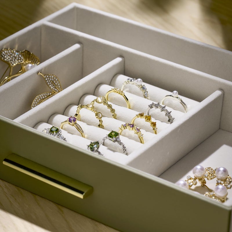 pickpiff Jewelry Box Organizer Case for Women: 4-Layer Jewelry Storage Case with Glass Window, Olive Green Leather with Cream Velvet, Holder for Ring Necklace Bracelet Brooch Watch, Great Gift for Her - Image 5