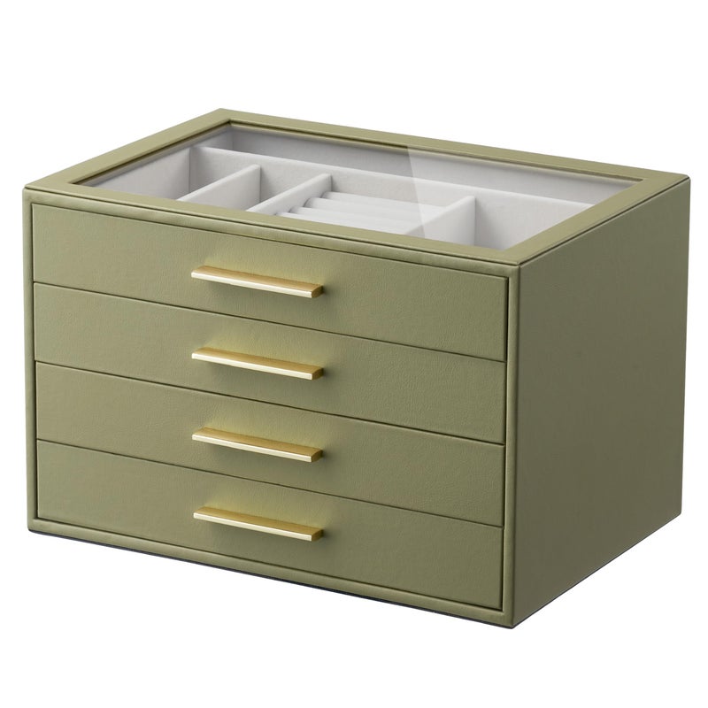 pickpiff Jewelry Box Organizer Case for Women: 4-Layer Jewelry Storage Case with Glass Window, Olive Green Leather with Cream Velvet, Holder for Ring Necklace Bracelet Brooch Watch, Great Gift for Her - Image 1