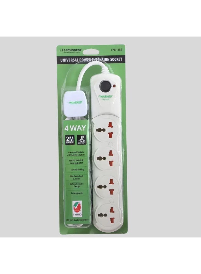 Terminator Terminator Universal Power 4 Way Extension Socket With Safety Shutter and 2mtr Cables- White  - Image 2