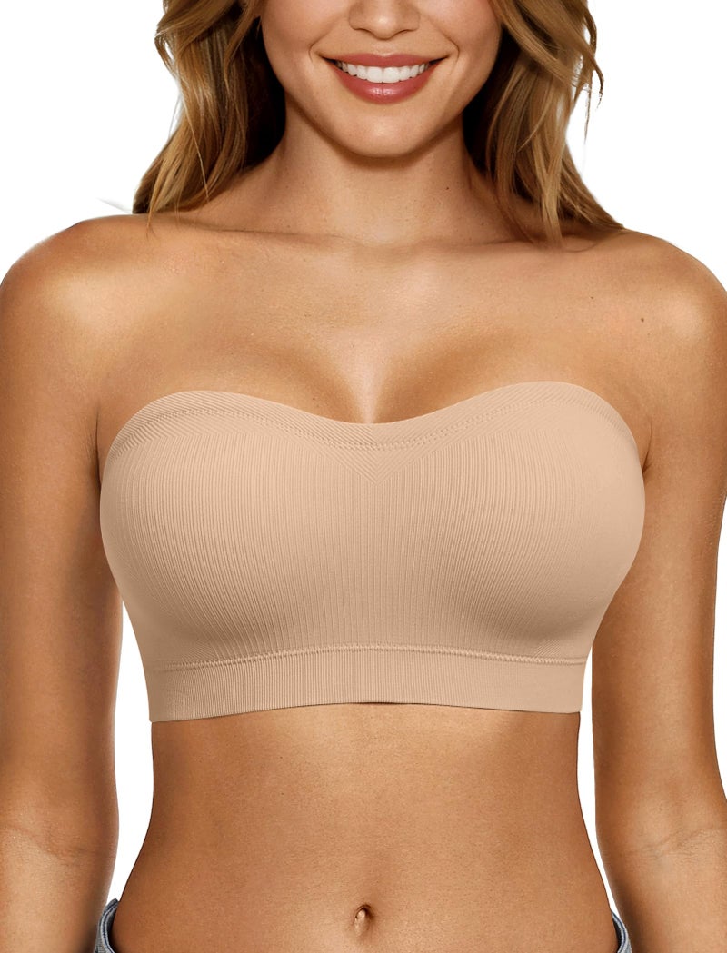 LetsJoli Push Up Strapless Bras for Women Tube Top Bra Supportive Bandeau Bra Non Slip Wireless No Underwire Padded Bralettesï¼ˆSand,M - Image 1