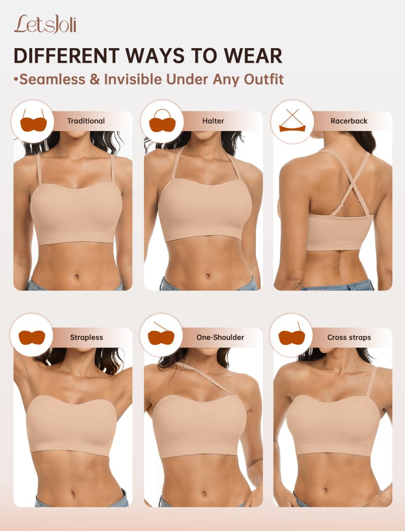 LetsJoli Push Up Strapless Bras for Women Tube Top Bra Supportive Bandeau Bra Non Slip Wireless No Underwire Padded Bralettesï¼ˆSand,M - Image 5