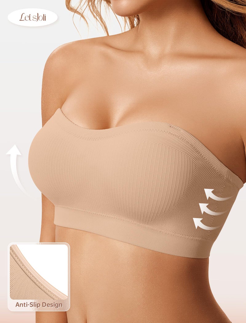LetsJoli Push Up Strapless Bras for Women Tube Top Bra Supportive Bandeau Bra Non Slip Wireless No Underwire Padded Bralettesï¼ˆSand,M - Image 2