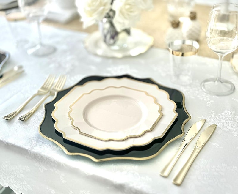 OCCASIONS FINEST PLASTIC TABLEWARE " OCCASIONS " 320 Piece set (40 Guests)-Heavyweight Wedding Party Disposable Plastic Plate Set - 40 x 10.5'' + 40 x 8'' + Silverware + Cups + Napkins (Imperial Ivory & Gold) - Image 4