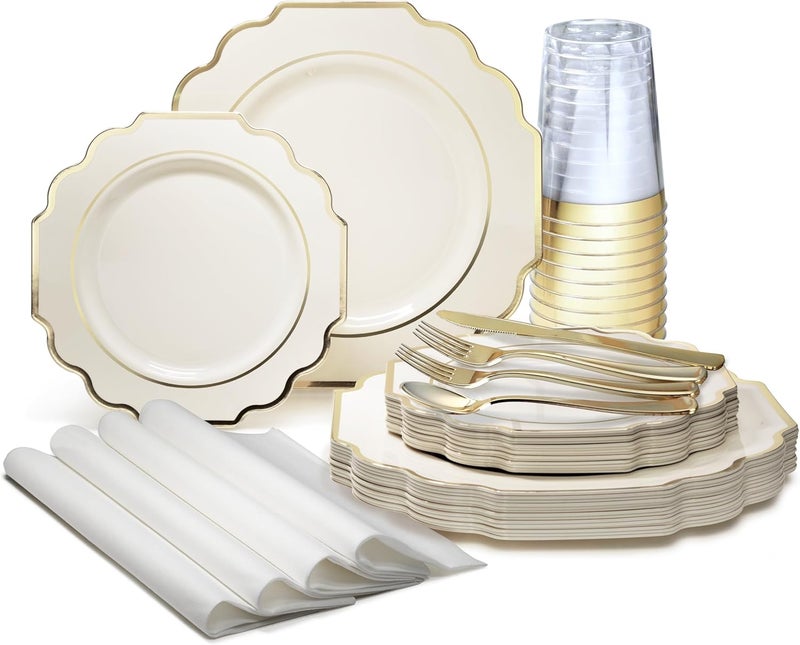 OCCASIONS FINEST PLASTIC TABLEWARE " OCCASIONS " 320 Piece set (40 Guests)-Heavyweight Wedding Party Disposable Plastic Plate Set - 40 x 10.5'' + 40 x 8'' + Silverware + Cups + Napkins (Imperial Ivory & Gold) - Image 1