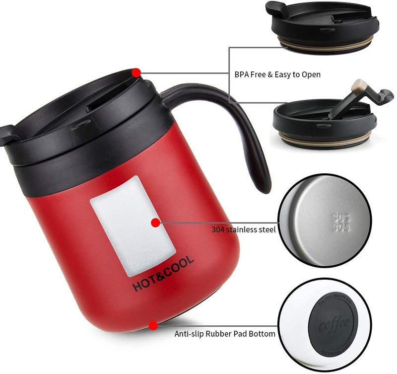 SIYANSHU Insulated Coffee Mug with Lid Travel Coffee Mug with Handle- Double Wall Vacuum Insulated Stainless Steel Mug for Daily Drinks | BPA Free | Press-in Lid (350ML, Red) - Image 2