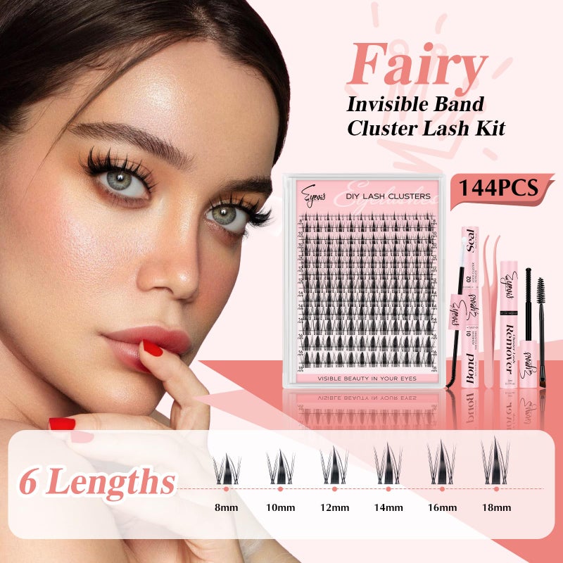 EYEVIS Fairy Lash Clusters Kit 144PCS Ultra-Thin Invisible Band Lash Extension Kit 8-18mm Manga Eyelash Extension Kit C Curl Lash Clusters Wet-Look Anime DIY at Home ï¼ˆFairy Kit,8-18mmï¼‰ - Image 4