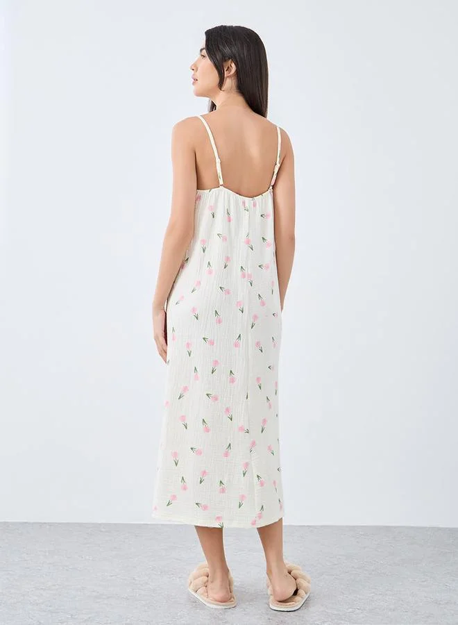 Styli Styli Cotton Gauze Tulip Print Slip Dress