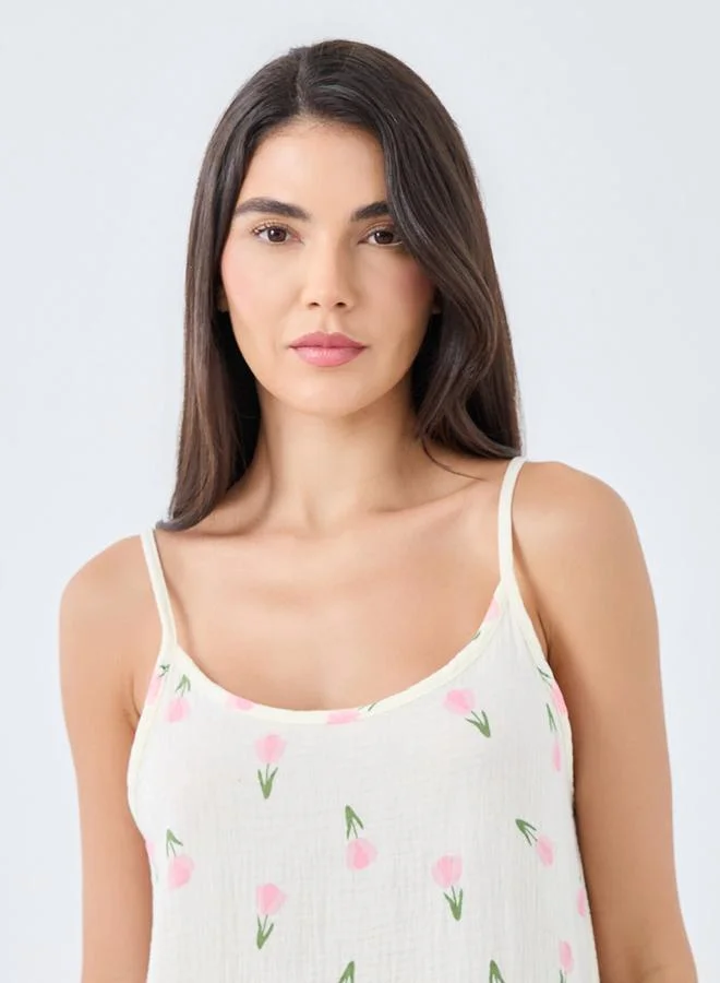 Styli Styli Cotton Gauze Tulip Print Slip Dress