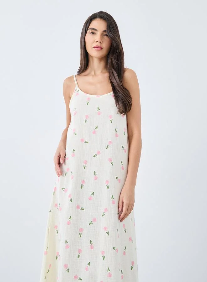 Styli Styli Cotton Gauze Tulip Print Slip Dress