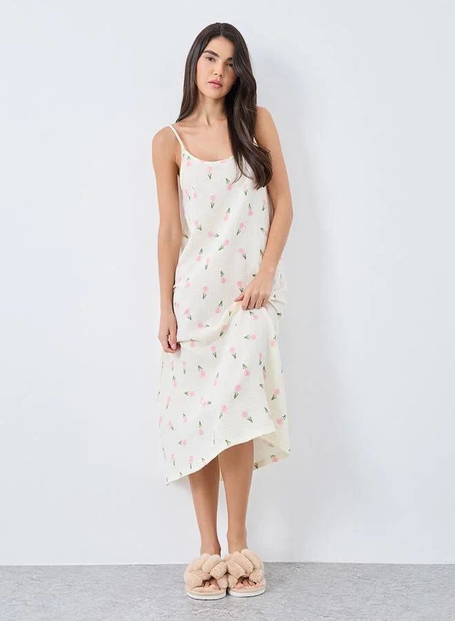 Styli Styli Cotton Gauze Tulip Print Slip Dress