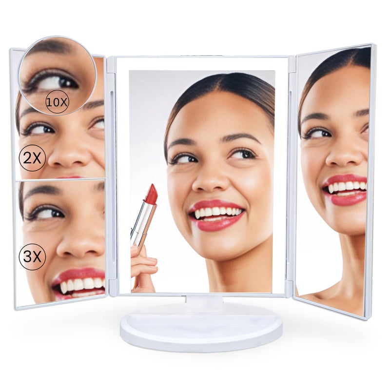 Makeup Vanity Mirror with Lights, 2X 3X 10X Magnification, Portable HD Lighted Cosmetic Mirror with Lights, LED Trifold Mirror, Touch Screen Light Control, Light Up Makeup Mirror (White)