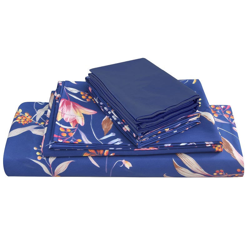 JSD Navy Blue Floral Printed Sheet Set Queen 6 Piece Soft Microfiber Botanical Pattern Bed Sheets Extra Deep Pocket