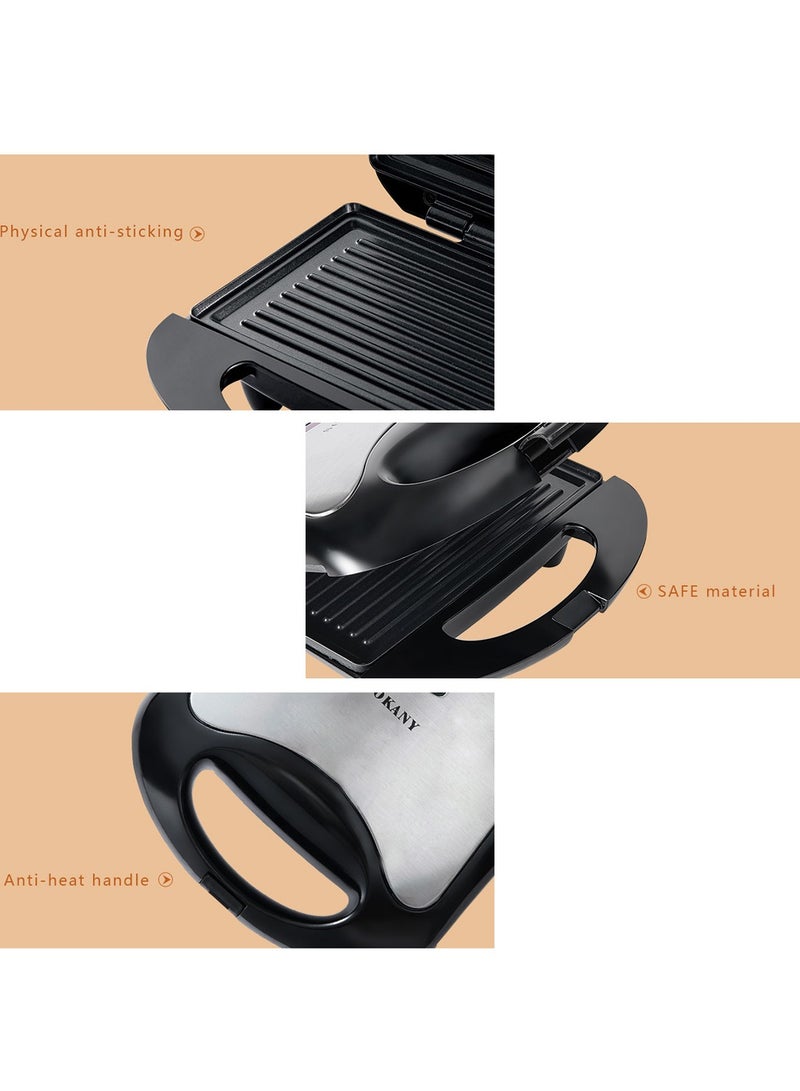 سوكاني صانعة شطائر، غير لاصقة، شواية متعددة الاستخدامات 2 في 1 قابلة للتبديل، مصابيح مؤشر، وجبات سريعة وسهلة، تصميم صغير، 750 واط KJ-105 أسود - Image 5