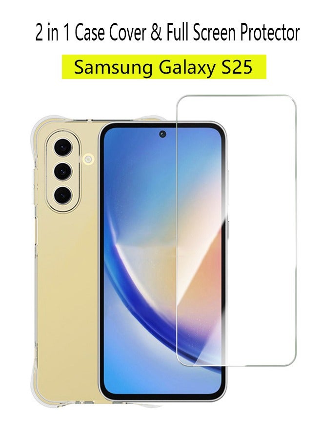 2 in 1 Phone Case Cover & Screen Protector for Samsung Galaxy S25, Shockproof Clear Slim TPU Protective Phone Cover & Full Coverage Delicate Touch Tempered Glass Screen Protector for Samsung Galaxy S25 - Image 1