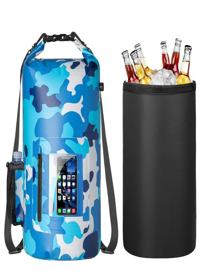 Smasrob 30L Waterproof Dry Bag with 20L Detachable Cooler, Dry Bag Cooler Backpack with Phone Pocket and Bottle Pouch, Suitable for Kayaking, Boating, Camping and Water Activities, Blue Camouflage - Image 1