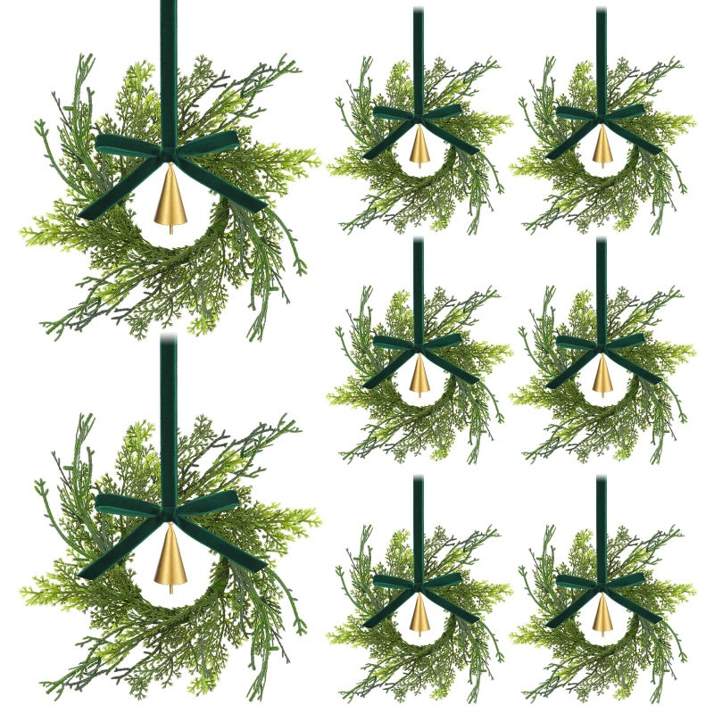 Knitgrip 12 Sets Mini Christmas Wreath for Cabinets 787 Inch Artificial Cypress Cedar Wreath with Vintage Cow Bells Ribbon for Xmas DIY Craft Kitchen Chair Window Fireplace Wall DecorGreen - Image 2