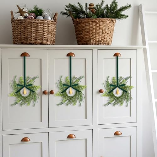 Knitgrip 12 Sets Mini Christmas Wreath for Cabinets 787 Inch Artificial Cypress Cedar Wreath with Vintage Cow Bells Ribbon for Xmas DIY Craft Kitchen Chair Window Fireplace Wall DecorGreen - Image 3