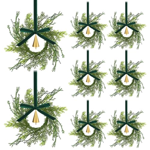 Knitgrip 12 Sets Mini Christmas Wreath for Cabinets 787 Inch Artificial Cypress Cedar Wreath with Vintage Cow Bells Ribbon for Xmas DIY Craft Kitchen Chair Window Fireplace Wall DecorGreen - Image 1