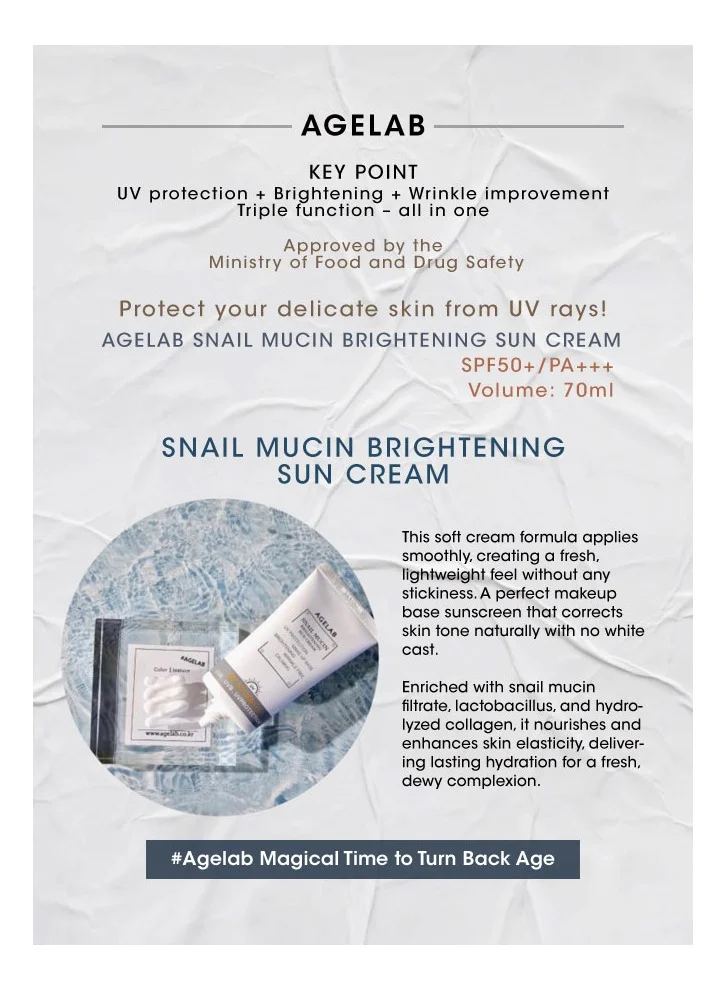 Age Lab AgeLab Snail Mucin Brightening Sun Cream SPF 50+ PA+++ | Korean Skincare | Anti-Aging, Hydrating, & Whitening Sunscreen | Non-Greasy, Lightweight Formula, No White Cast, All Skin Types Sensitive Skin Safe | 70ml