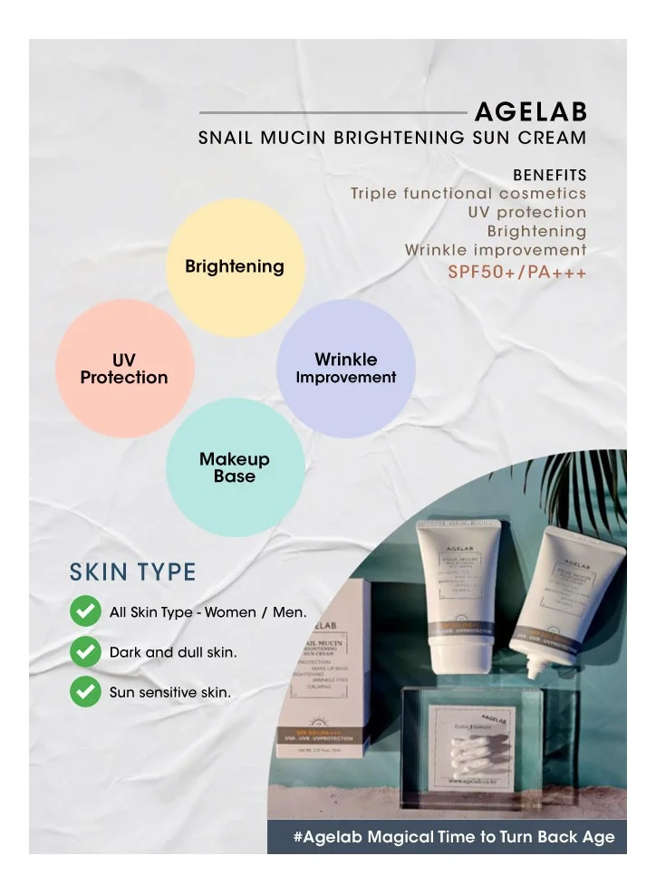 Age Lab AgeLab Snail Mucin Brightening Sun Cream SPF 50+ PA+++ | Korean Skincare | Anti-Aging, Hydrating, & Whitening Sunscreen | Non-Greasy, Lightweight Formula, No White Cast, All Skin Types Sensitive Skin Safe | 70ml