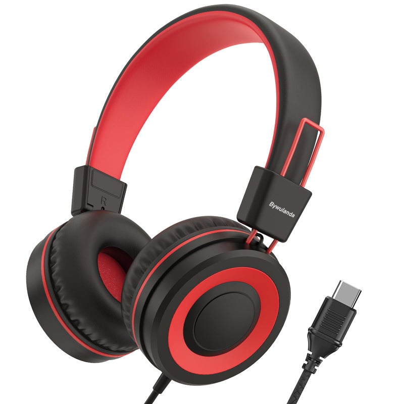 Bywulanda Upgrade USB Type C Kids Headphone for School 94dB Safe Volume Limited HD Stereo Sound Foldable Lightweight OnEar Headphones for BoysGirlsStudentsTabletTravel Red Black - Image 2