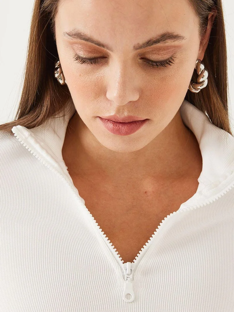Bianco Lucci LUCCI Ribbed Long Sleeve Crop Blouse with Zipper Collar