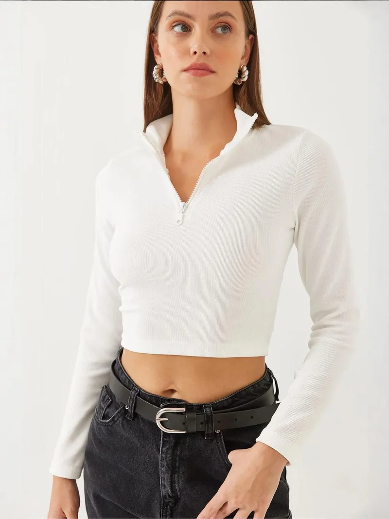 Bianco Lucci LUCCI Ribbed Long Sleeve Crop Blouse with Zipper Collar
