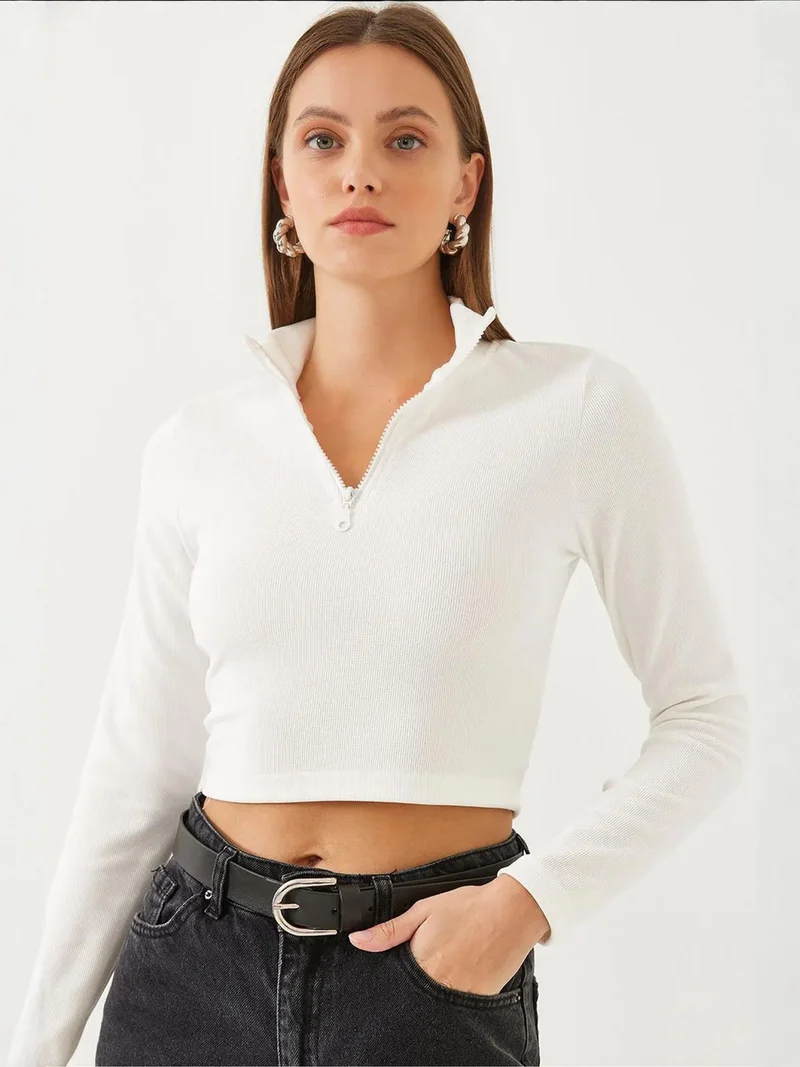 LUCCI Ribbed Long Sleeve Crop Blouse with Zipper Collar