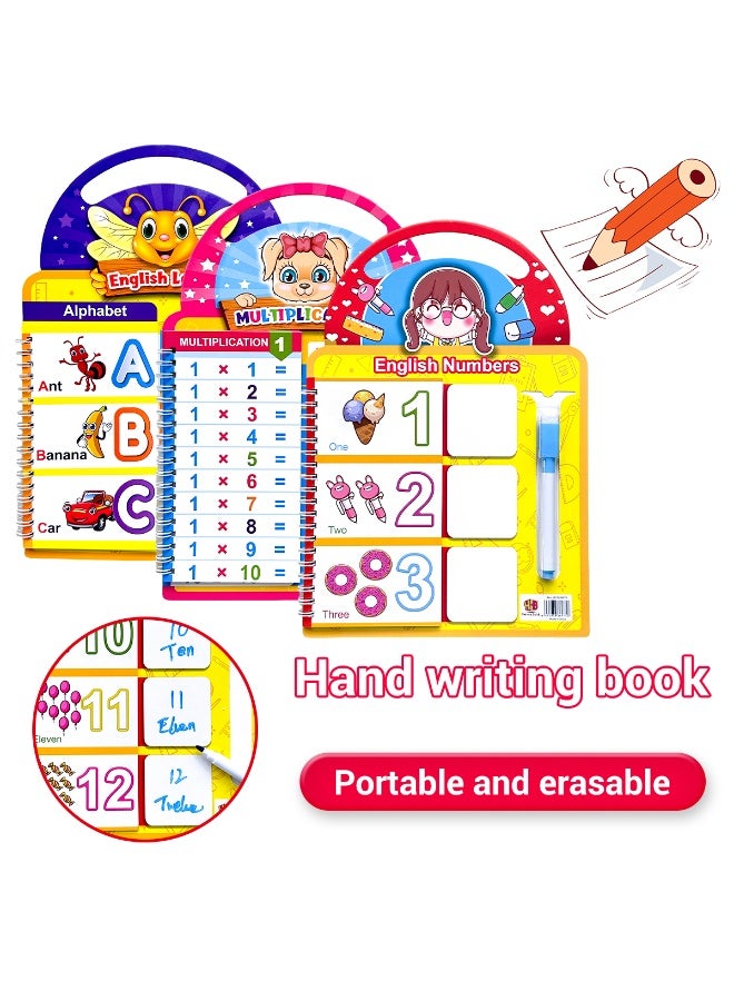 3-Piece Children's Word and Number Practice Book Early Childhood Education Practice Book Enrich Children's Vocabulary, Learn Numbers Improve Children's Learning Skills Includes a reusable erasable pen , Handy Educational Tool that can be carried in a handheld Montessori, School Supplies, Children's Education, Best Gift for Children - Image 1