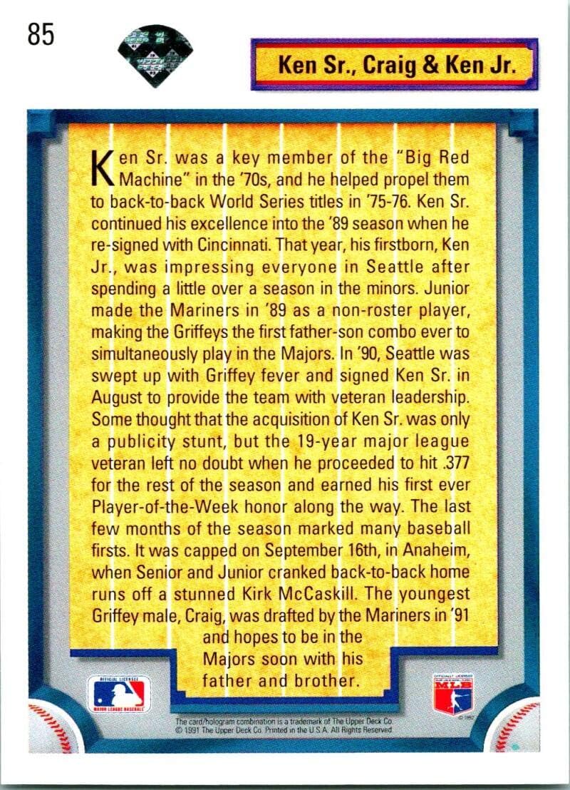 Upper Deck 1992 #85 Ken Griffey Sr./Ken Griffey Jr./Craig Griffey NM-MT Seattle Mariners Baseball - Image 2