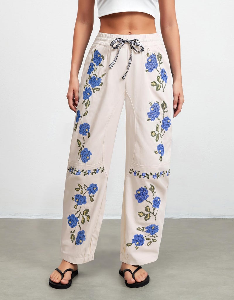 Kedera Women's Causal Mid Rise Wide Leg Floral Embroidered Baggy Boyfriend Jeans Vintage Barrel Denim Ankle Pants - Image 4